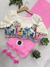 Baby Pink Handloom Cotton Saree With Chain Embrodery Work Stitched Blouse