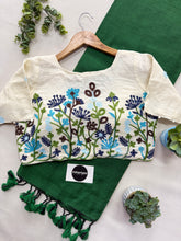 Green Handloom Cotton Saree With Chain Embrodery Work Stitched Blouse