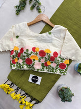 Light Mehndi Cotton Saree With Chain Embrodery Work Stitched Blouse