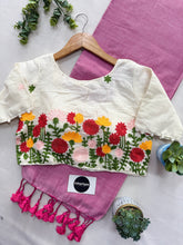 Light PInk Cotton Saree With Chain Embrodery Work Stitched Blouse