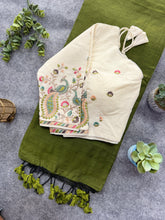 Mehndi Handloom Cotton Saree With Embrodery Work Stitched Blouse