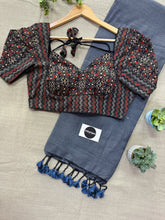 Dark Grey Handloom Cotton Saree With Ajrakh Print Stitched Blouse