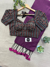 Wine Handloom Cotton Saree With Ajrakh Print Stitched Blouse
