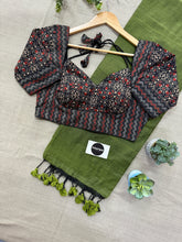 Mehndi Handloom Cotton Saree With Ajrakh Print Stitched Blouse