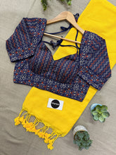 Yellow Handloom Cotton Saree With Ajrakh Print Stitched Blouse