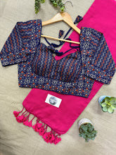 Pink Handloom Cotton Saree With Ajrakh Print Stitched Blouse