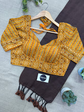 Brown Handloom Cotton Saree With Ajrakh Print Stitched Blouse