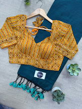 Rama Handloom Cotton Saree With Ajrakh Print Stitched Blouse