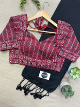 Black Handloom Cotton Saree With Ajrakh Print Stitched Blouse