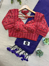 Purple Handloom Cotton Saree With Ajrakh Print Stitched Blouse