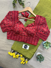 Light Mehndi Handloom Cotton Saree With Ajrakh Print Stitched Blouse