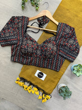 Golden Handloom Cotton Saree With Ajrakh Print Stitched Blouse