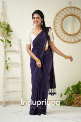 Purple Handloom Cotton Saree With Embrodery Work Redy Made Blouse
