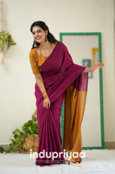 Wine Nd Masturd Gold Handloom Cotton Saree