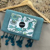 C Green Handloom Cotton Saree With White Leaf Print Blouse