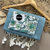 Sky Handloom Cotton Saree With White Print Blouse