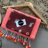 Peach Handloom Cotton Saree With Brown Print Blouse