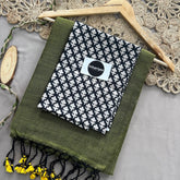Light Mehndi Handloom Cotton Saree With Black Print Blouse