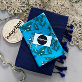 Navy Blue Handloom Cotton Saree With Sky Print Blouse