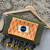 Light Mehndi Handloom Cotton Saree With Yellow Print Blouse