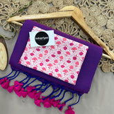 Purple Dual Tone Handloom Cotton Saree With White Print Blouse