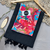 Black Handloom Cotton Saree With Multi Color Print Blouse