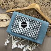 Sky Handloom Cotton Saree With White Print Blouse