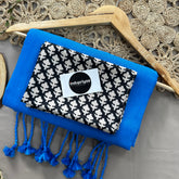 Light R Blue Handloom Cotton Saree With Black Print Blouse