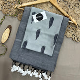 Light Grey Handloom Cotton Saree With Ikkat Print Blouse