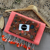 Peach Handloom Cotton Saree With Brown Color Print Blouse