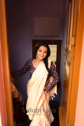 Beige Handloom Cotton Saree With White Designer Print Blouse