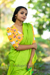 Pista Handloom Cotton Saree With Yellow Designer Print Blouse