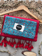Red Handloom Cotton Saree With Sky Print Blouse