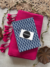 Pink Handloom Cotton Saree With Blue Print Blouse