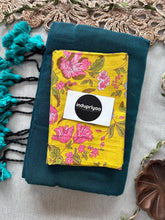 Rama Handloom Cotton Saree With Yellow Flower Print Blouse