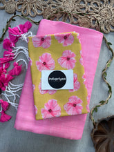 Baby Pink Handloom Cotton Saree With Yellow Flower Print Blouse