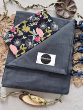 Dark Grey Handloom Cotton Saree With Black Flower Print Blouse