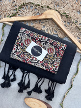 Black Handloom Cotton Saree With Kalmkari Print Blouse