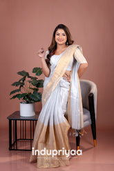 Indupriyaa White Nd Gold Handloom Tissue Cotton Saree