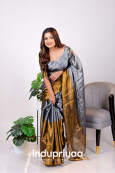 Indupriyaa Gold Nd Grey Designe Handloom Tissue Cotton Saree