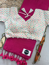 Pink Handloom Cotton Saree With Embrodery Work Redy Made Blouse