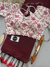 Marun Handloom Cotton Saree With Embrodery Work Redy Made Blouse