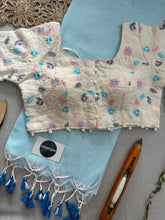 Sky Handloom Cotton Saree With Embrodery Work Redy Made Blouse