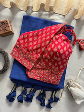 Nevy Blue Handloom Cotton Saree With Ajrakh Print Redy Made Blouse