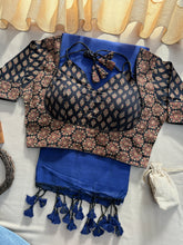 Nevy Blue Handloom Cotton Saree With Black Ajrakh Print Redy Made Blouse