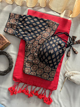 Red Handloom Cotton Saree With Black Ajrakh Print Redy Made Blouse