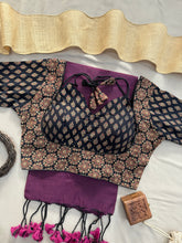 Wine Handloom Cotton Saree With Black Ajrakh Print Redy Made Blouse