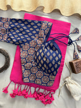 Pink Handloom Cotton Saree With N Blue Ajrakh Print Redy Made Blouse