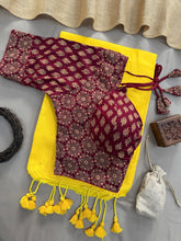 Yellow Handloom Cotton Saree With Marun Ajrakh Print Redy Made Blouse