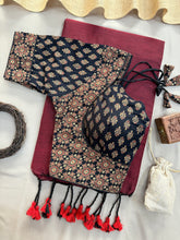 Marun Handloom Cotton Saree With Black Ajrakh Print Redy Made Blouse